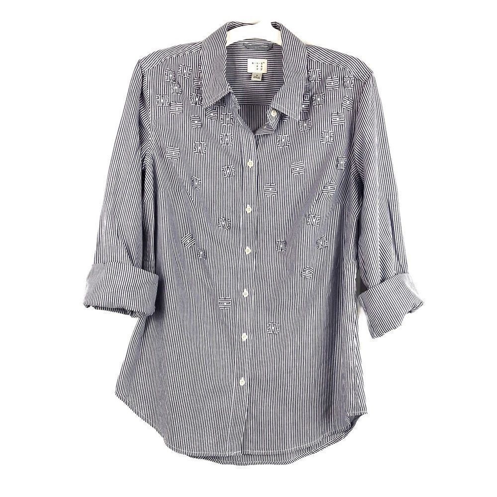 A New Day Blouse Blue White Stripe Top  Roll Up Sleeves Button Down Size Small